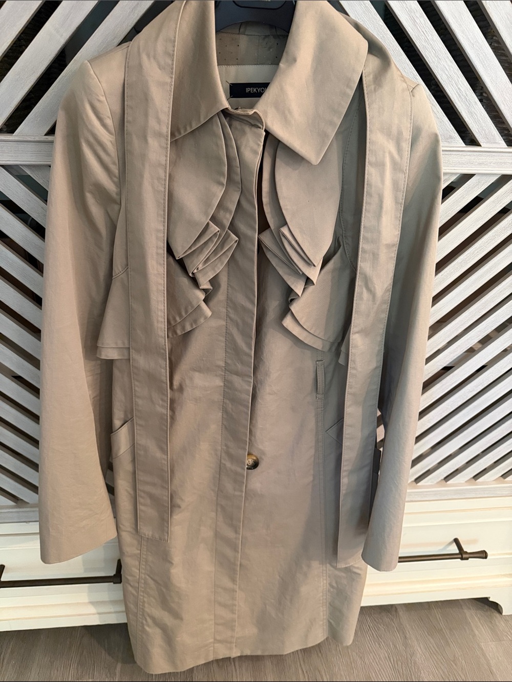 Beige Ruffle-Front Trench Coat